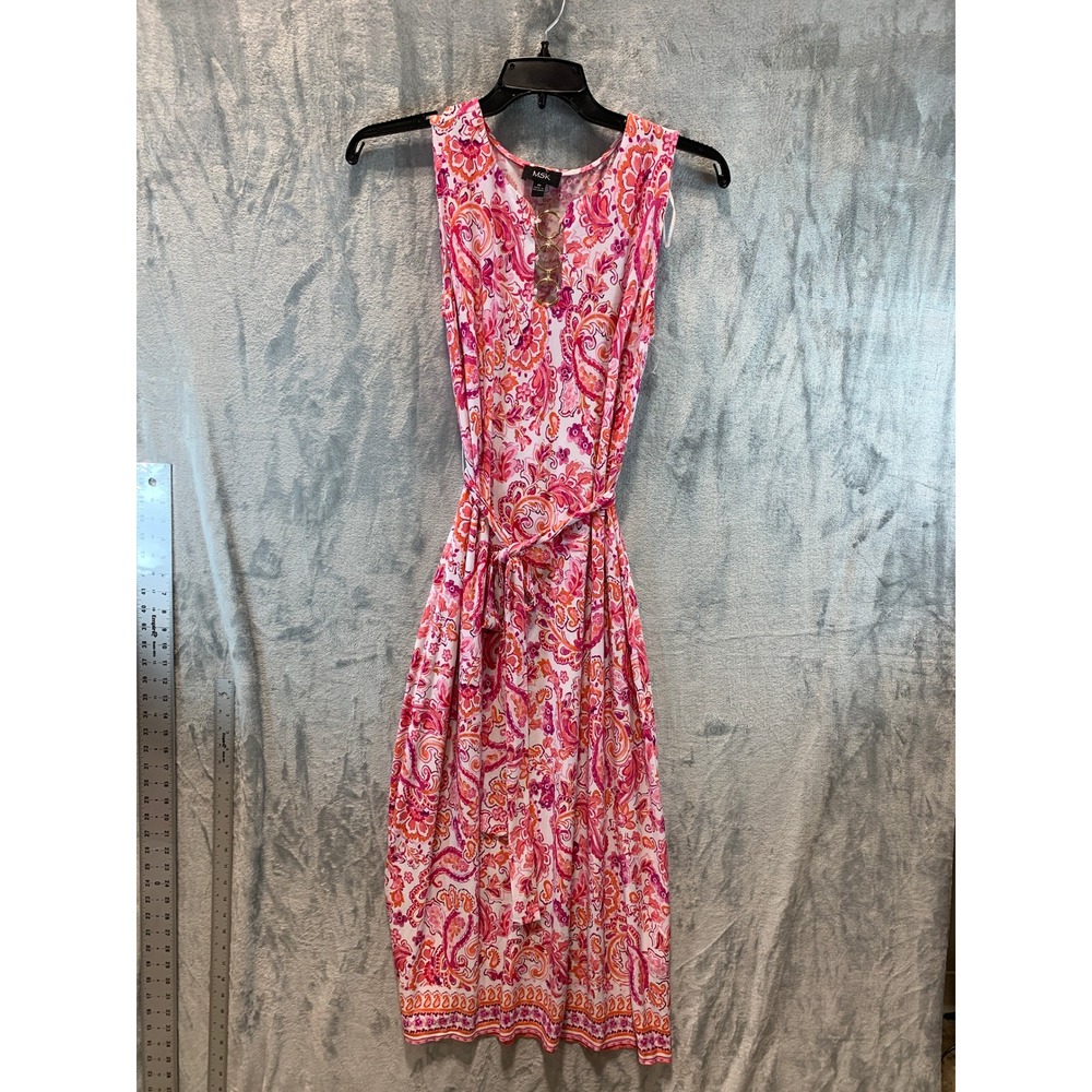 MSK Womens Pink Orange Paisley Sleeveless Midi Dress Gold Ring Keyhole Size M